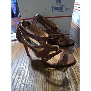 8M Ann Taylor Brown Leather Ankle Strap Stiletto Pump High Heel Dress Shoes